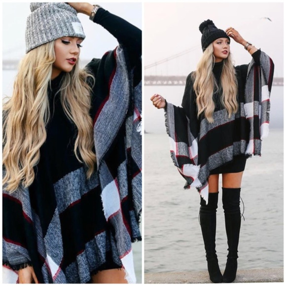 Sweaters - AUTUMN Softest Plaid Poncho - BLACK